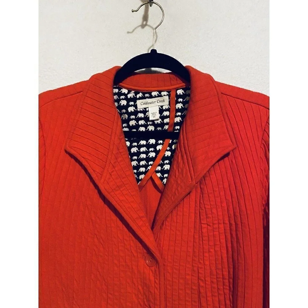Coldwater Creek Blazer Womens 14 Red Quilted Ribbed Peplem Hem Cotton Stretch